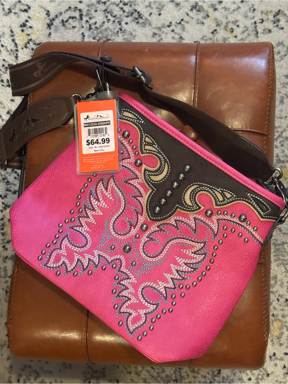 Montana West Pink Crossbody with Brown Trim & Stud Embroidery